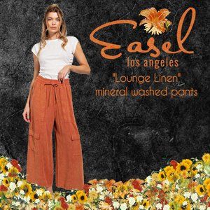 EASEL "Linen Lounge" Cotton Blend Mineral Washed Wide Leg Pants W/ Cargo Pockets
